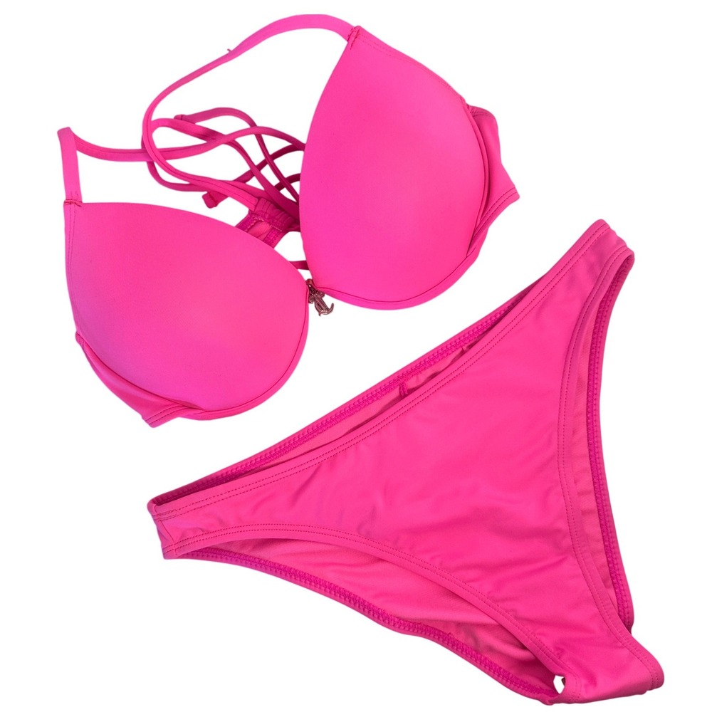 Juicy Couture Bikini Set Women Med Pink Excellent Push Up‎ Logo 2 Piece Swimsuit